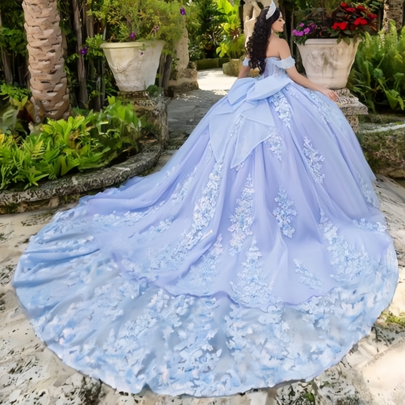 Sky Blue Princess Quinceanera Dresses Off Shoulder Applique Lace Beads Bow Tull Sweet 16 Dress Ball Gown Vestidos 15 De Anos