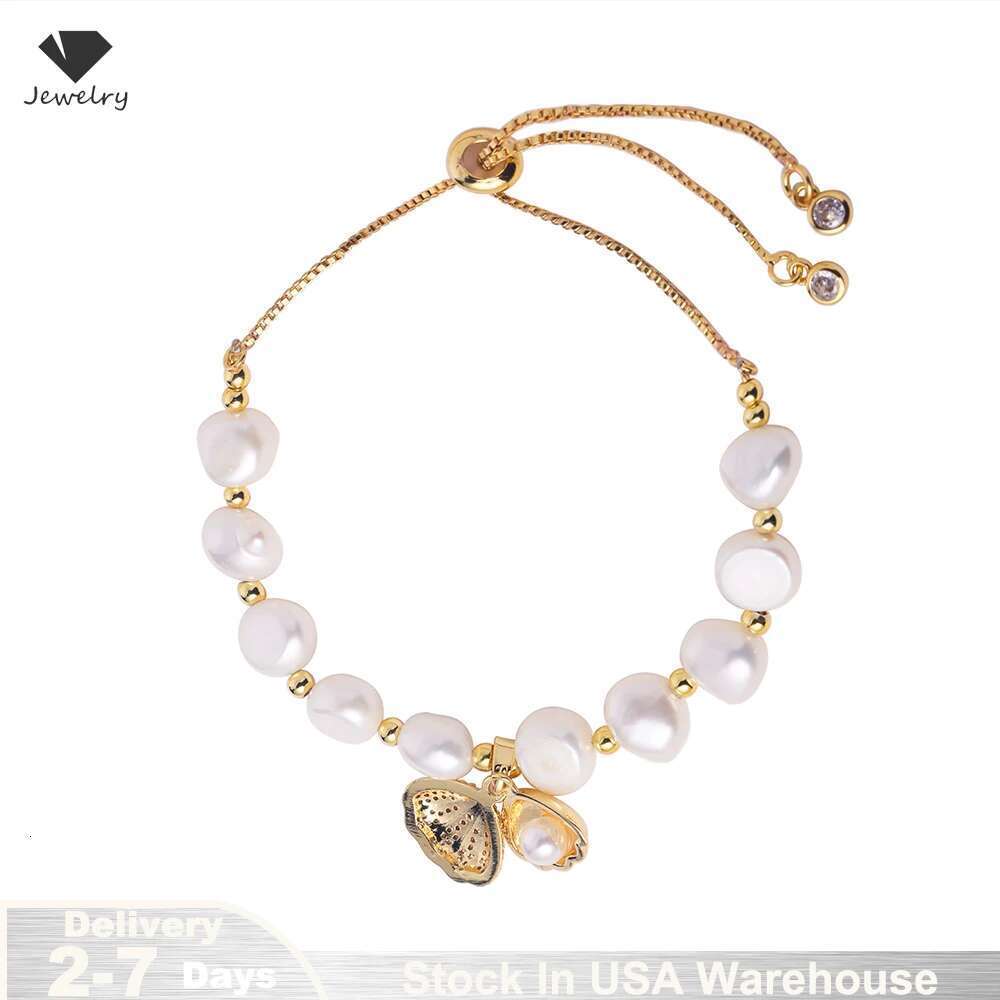 Sterling Sier Zircon Beach Shell Baroque Pearl Charm Bracelet for Women Bohemian Fashion European Jewelry US Stock