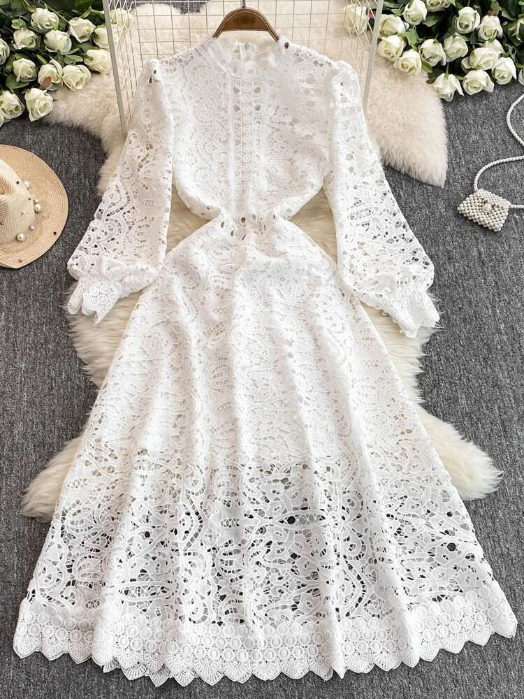 2025 Spring Hollow Out Flower Embroidery White Lace Party Dress For Women's Long Sleeve Midi Dresses Evening Wedding Vestidos