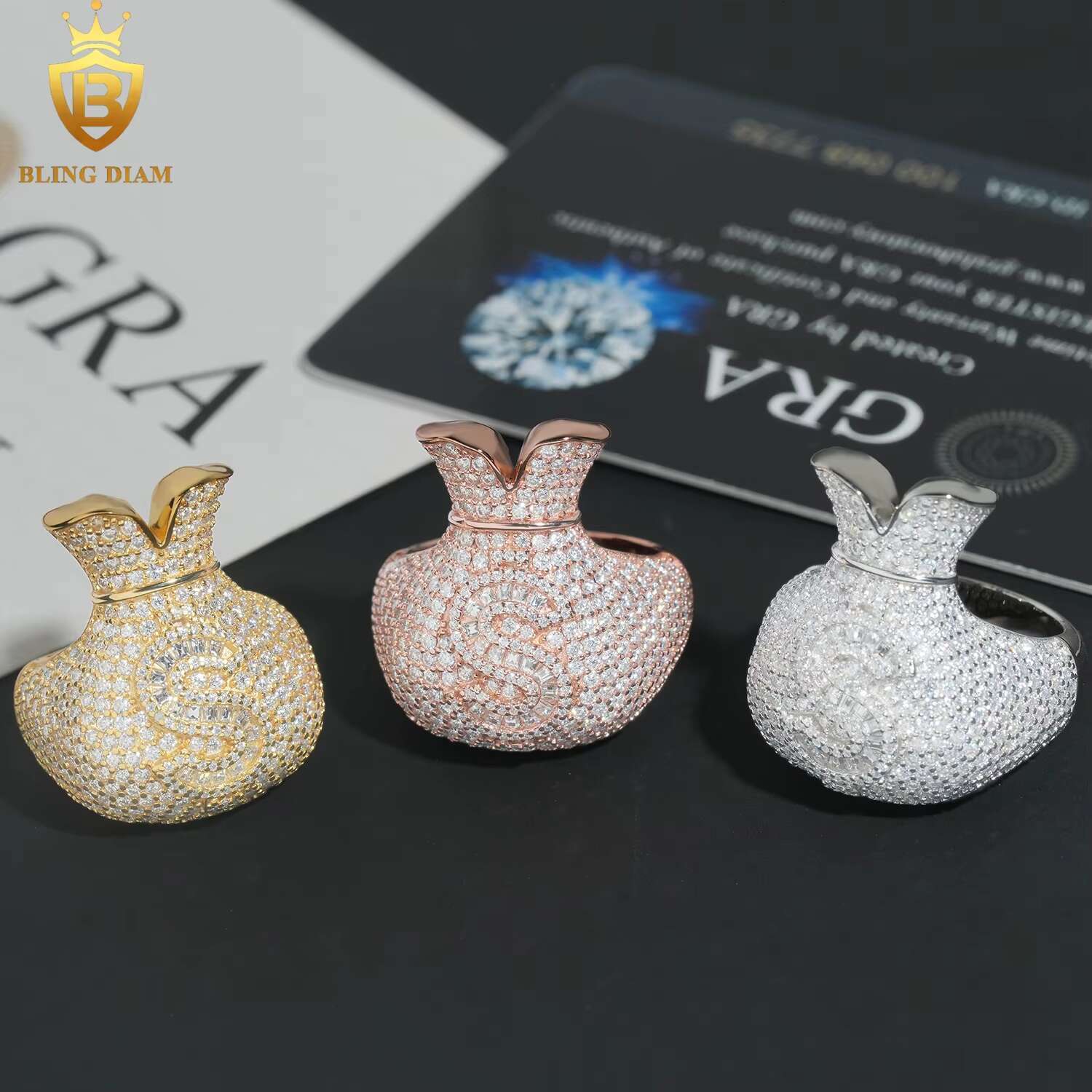 Hip Hop Jewelry Money Bag US Dollar Rings 925 Sterling Silver Gold Plated Ice Out Vvs Moissanite Fully Diamond for Men