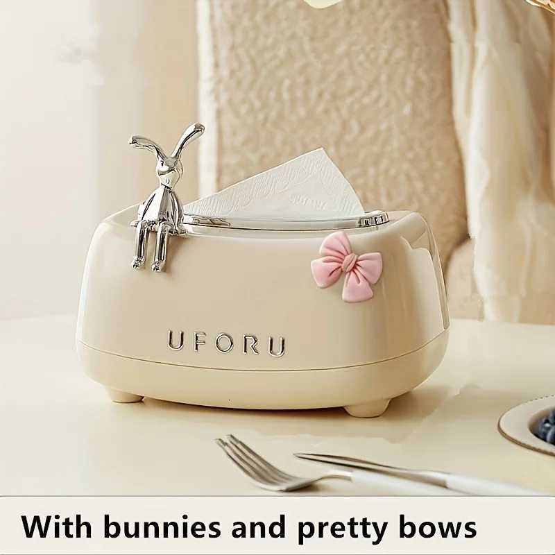 Cute Rabbit Tissue Box Cover Round Plastic Napkin Holder Dispenser for Desktop Bathroom Living RoomM251124