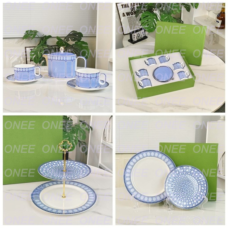 Blue Luxury Afternoon Tea Set Teapot Mugs Espresso Cups Tray Bone China 16-inch Shallow Plates Dinner Plate Combination Gift Box Set Christmas Gift