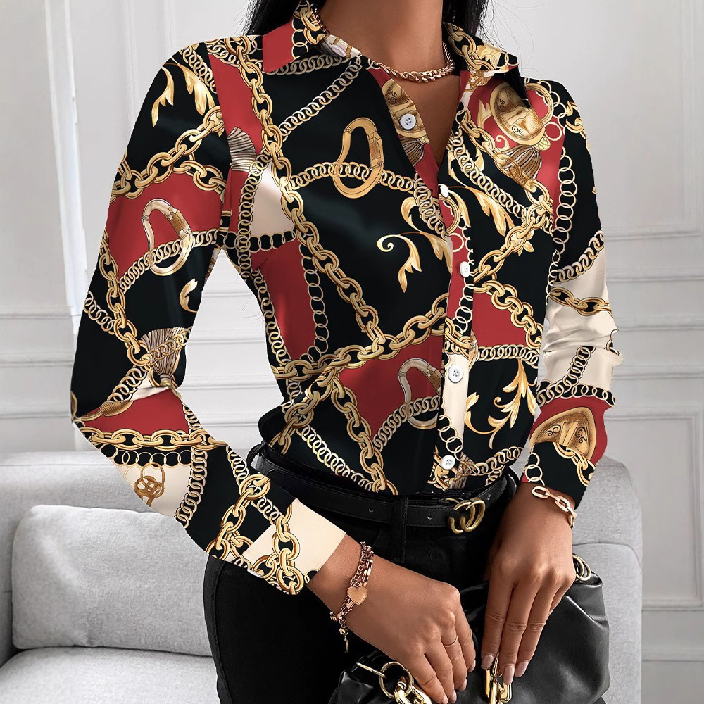 2021 autumn loose long sleeve V-neck button printed shirt womens wear