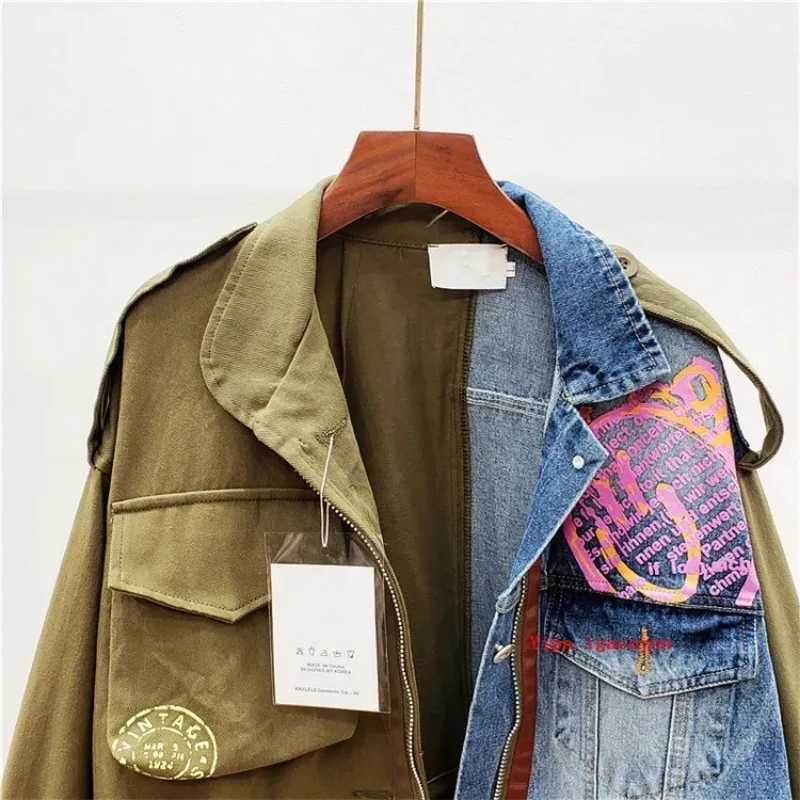 Color Contrast Patchwork Denim Jacket Coat Women Autumn Fashion Loose Letter Print Outerwear Chaquetas Mujer Jeans Jacket Female J251124