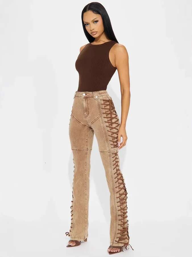 Cm.Yaya Women Streetwear Cutout Side Lace Up Cargo Pencil Denim Wide Leg Jeans Pants 2024 Fall Casual Fashion Holiday Trousers