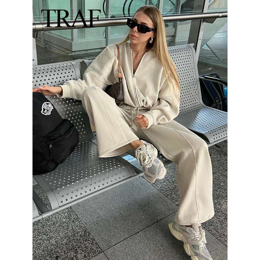 Designer Clothes TRAFZA Autumn Women's Thick Hoodie Coat + Drawstring High Waist Loose Casual Pants Set Lined Fleece Woman's Clothing Street