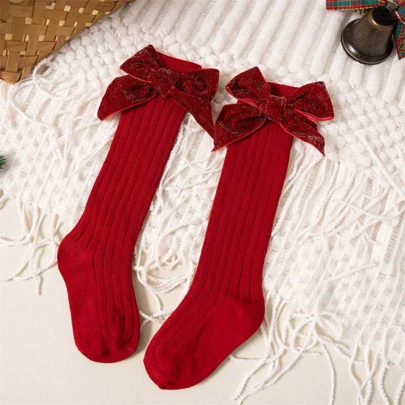 Baby Girls Knee High Socks Autumn Winter Kids Big Bow Long Soft Christmas Sparkly Sock Cotton Red Children Socken For 0-8 Years G251124