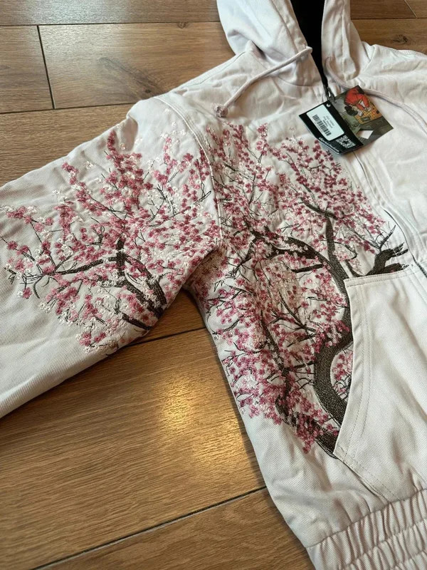 American Retro Cherry Blossom Embroidered Hooded Y2K Jacket Mens Womens Zipper Jacket with Flower Tree Pattern Street Style251119