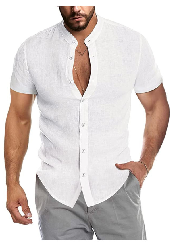 2021 summer V-neck linen new cardigan stand collar short sleeve mens shirt