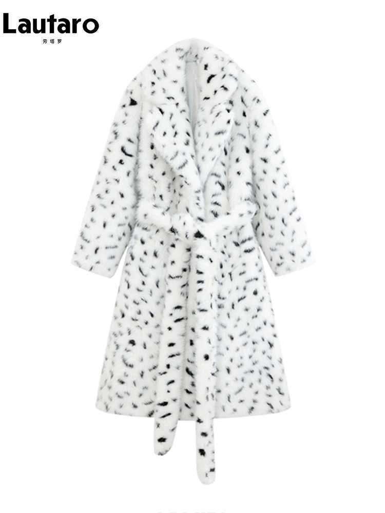Lautaro Winter Extra Long Thick Warm Colorful Polka Dot Soft Fluffy Faux Fox Fur Coat Women Sashes Loose Furry Overcoat 2023 J251124