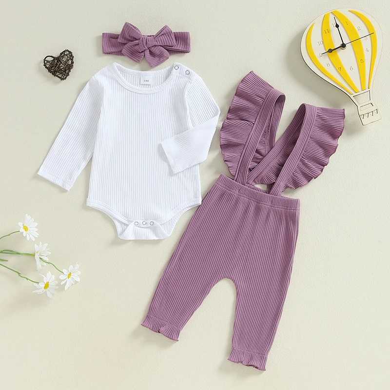 Clothing Sets 2024-05-31 Lioraitiin Baby Girl Ribbed Outfit Long Sleeve Romper Ruffle Trim Overalls Bow Headband 3 Piece Set for Fall R250424