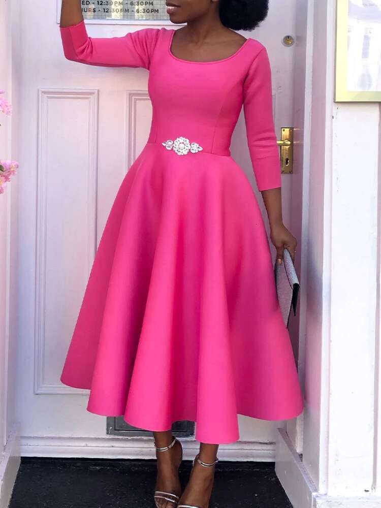 Women White Dresses Party O Neck Three Quarter Sleeves High Waist A Line Pleated Summer Fashion Evening Birthday Gowns 2023 New