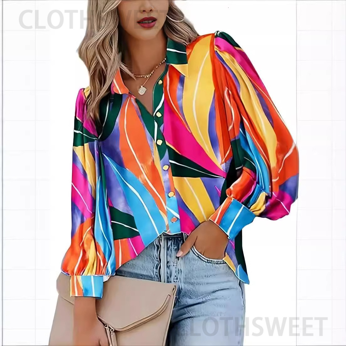 2024 autumn fashion casual long sleeved V-neck button printed shirt for women