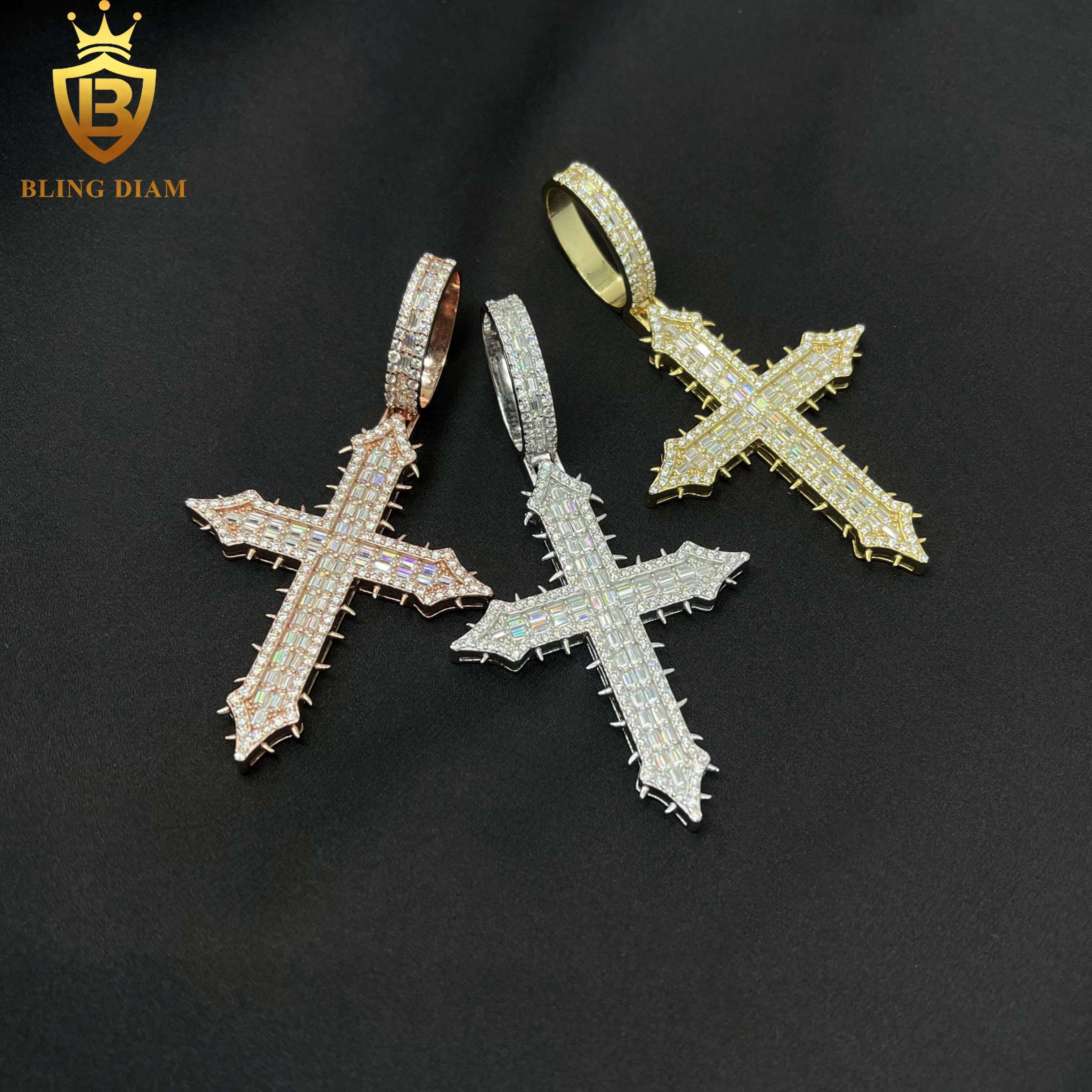 New Custom Hip Hop Jewelry Thorns Cross Pendant Necklace VVS Moissanite 925 Sterling Silver Stainless Steel
