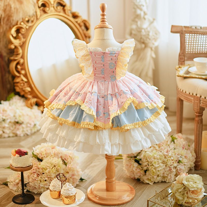 Baby Clothing Spanish Vintage Lolita Ball Gown Lace Bow Print Birthday Party Easter Cute Princess Dresses For Girl A2332 240919