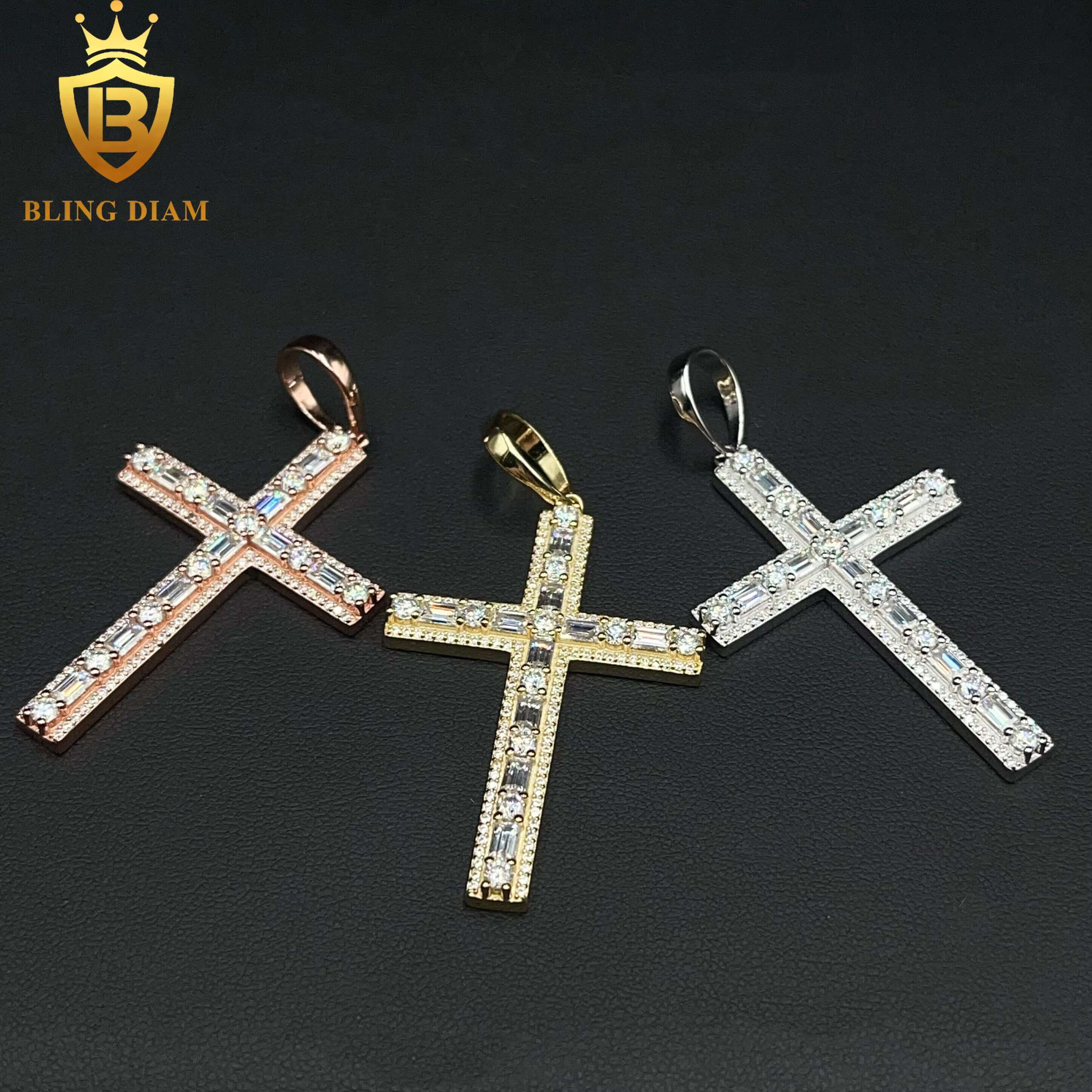 New Custom Hip Hop Jewelry VVS Moissanite Diamond Iced Out 925 Silver Cross Pendant Necklace