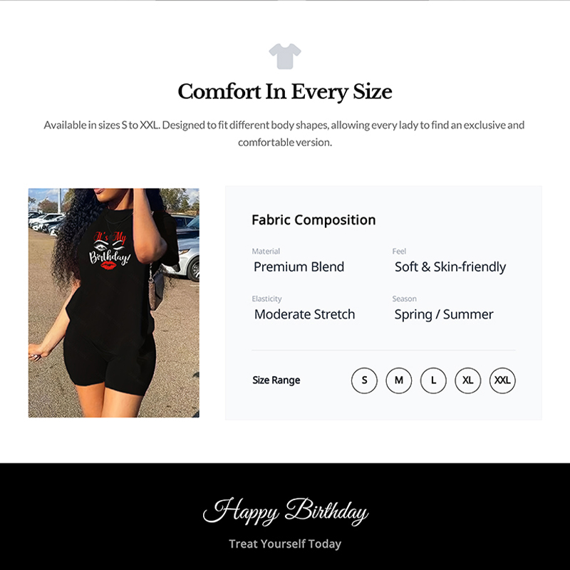 It's My Birthday Graphic Letter Print 2-Piece Outfit (T-Shirt + Shorts) - Women's Casual Loose Fit Birthday Party Set A7181