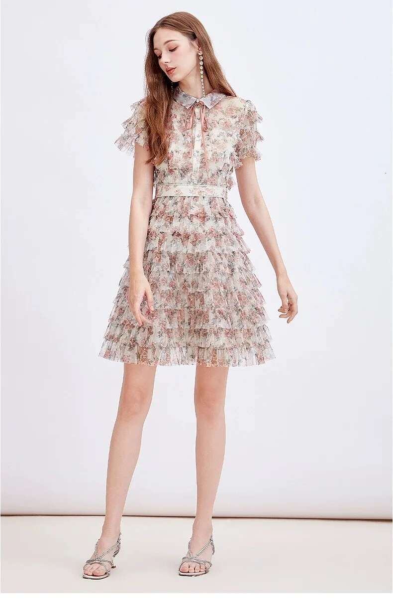 Elegant Floral Ruffle Cake Dresses Shirt Women Summer Holiday Printed Short Sleeve Evening Vestidos Bow Dots Party Robe