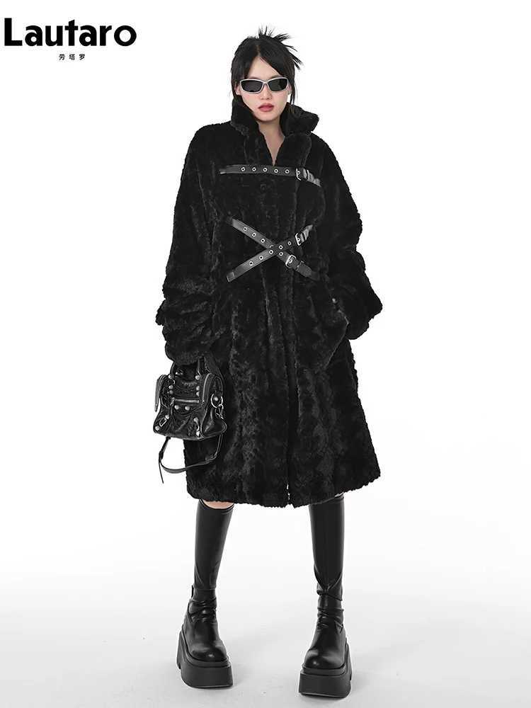 Lautaro Winter Cool Long Loose Casual Soft Thick Warm Black Fuzzy Faux Fur Coat Women Stand Collar Punk Style Fluffy Jacket 2023 J251124