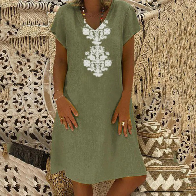 Fashionable printed loose spring/summer V-neck medium length cotton linen dress 250423