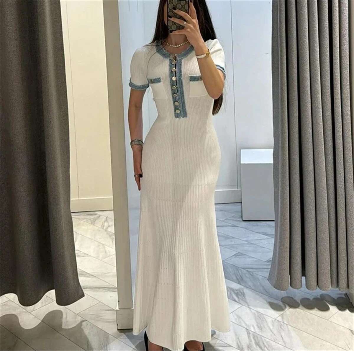 Elegant Knitted French Dress For Women 2025 New In Chic Patchwork Buttons Short Sleeve Dresses Lady Casual Street Evening Robes