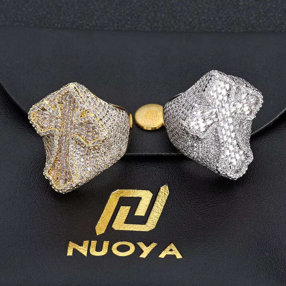 NUOYA Hip Hop Rapper Jewelry Shiny Diamond Cross Ring for Men White Gold Plated Micro Pave Baguette Zircon Cross Ring for Gift