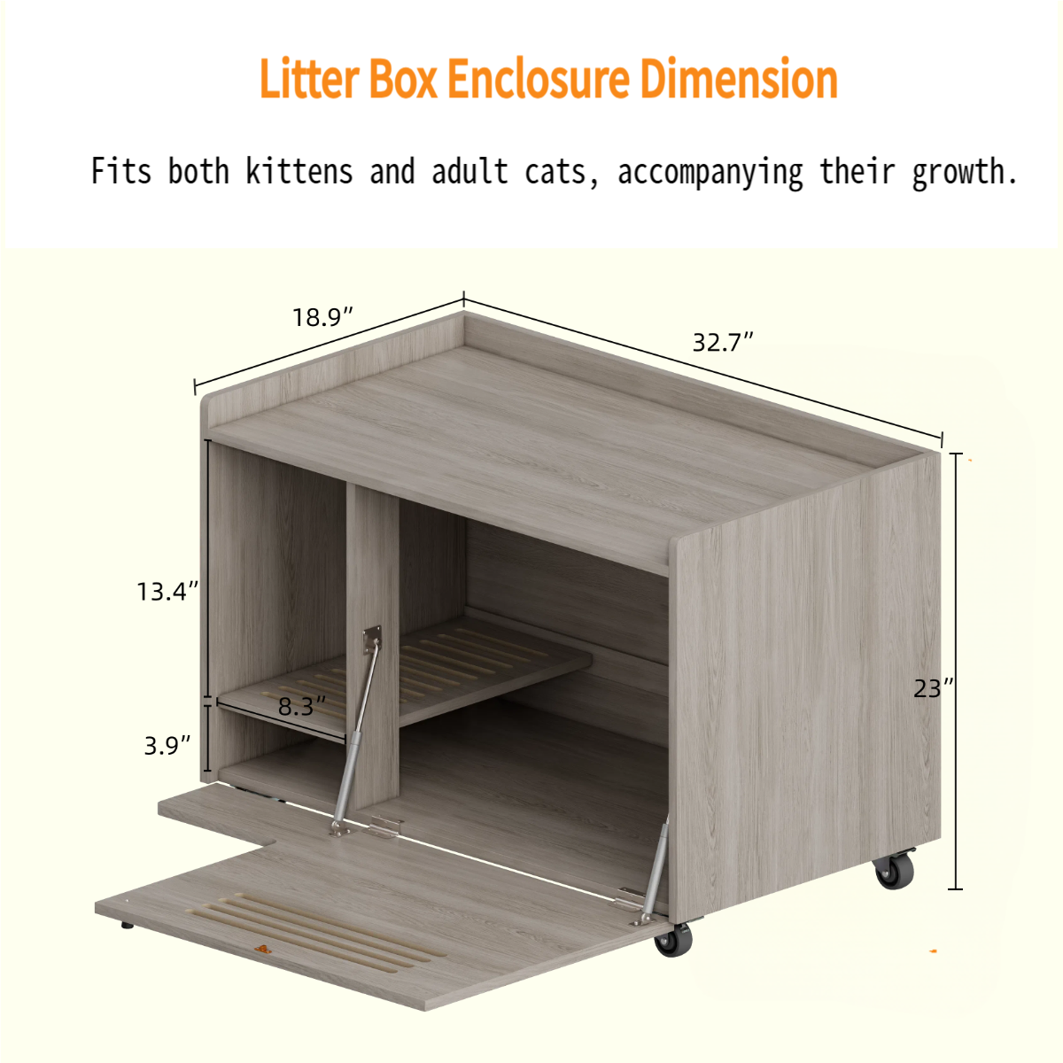 Gray Cat Litter Box Enclosure, Furniture with top side fence,Wooden Pet House Side End Table, Storage Cabinet Bench for Living Room,,Bedroom, Fit Most