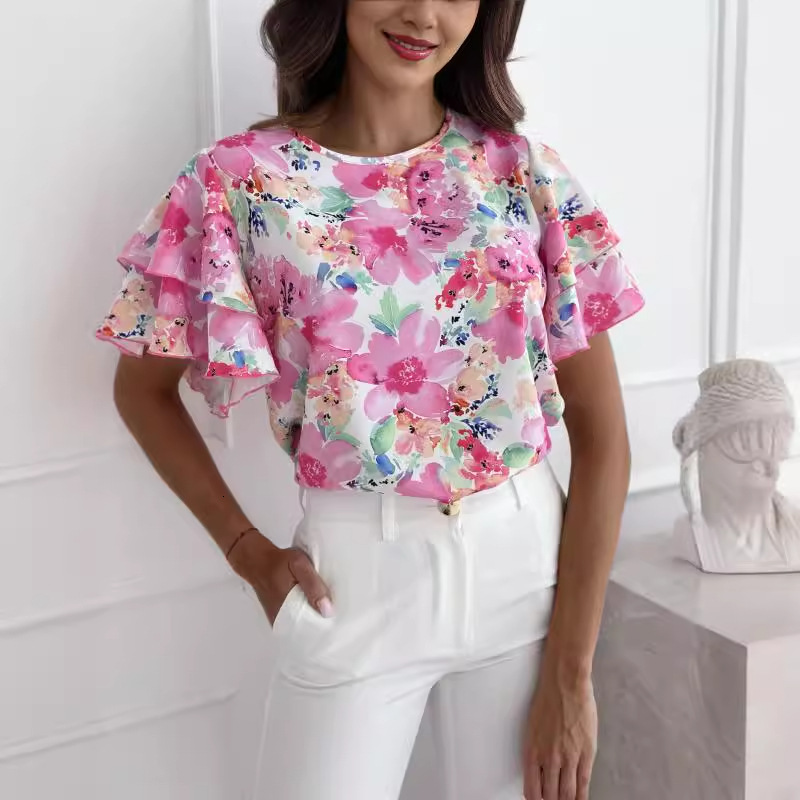 2024 new summer printed lotus leaf sleeve round neck simple short sleeved top