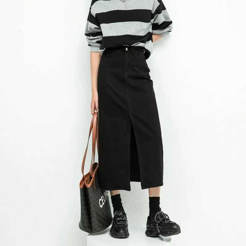 Split style denim womens high waisted loose A-line skiing Korean elegant black skiing spring fashion mid length skiing M250424