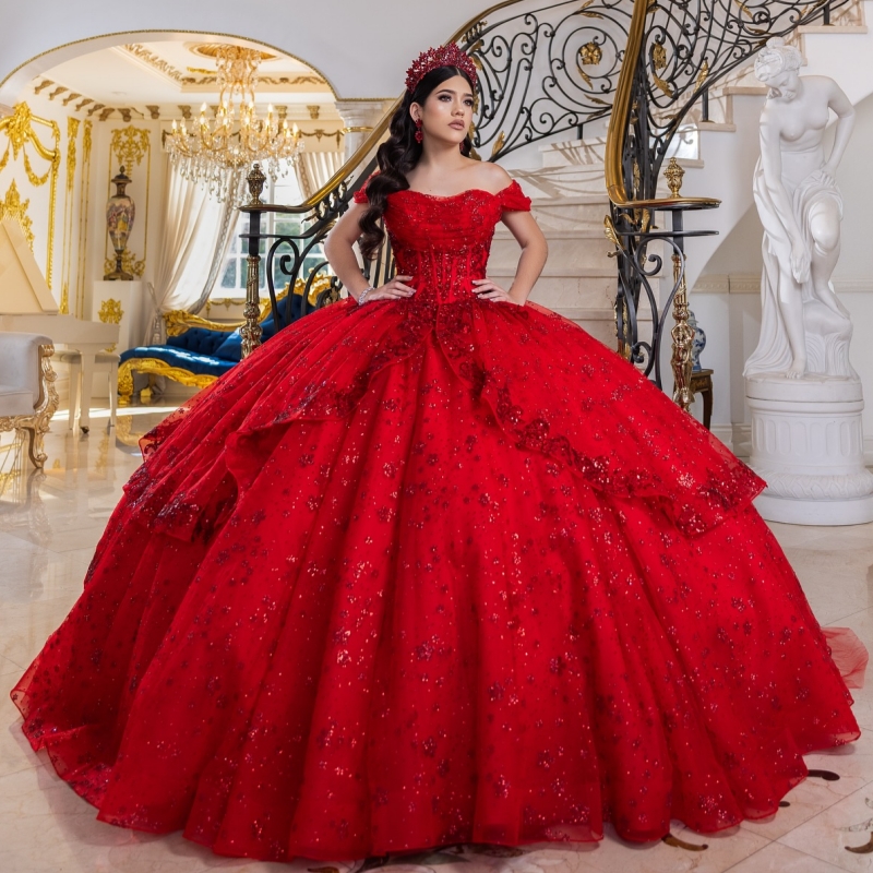Red Shiny Quinceanera Dresses Off Shoulder Ball Gown Sweet 16 Dress Sequin Applique Beads Birthday Party Vestidos 15 De Anos