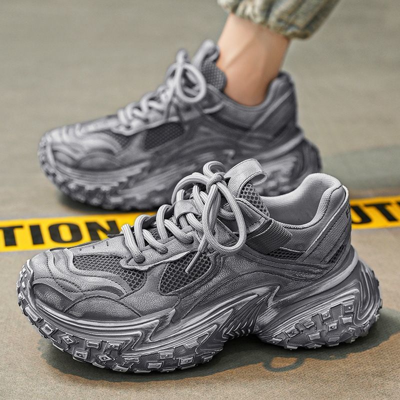 Free shipping men's retro distressed chunky dad sneakers grey mesh platform shoes thick sole fashionable versatile daily wear sports trainers mul