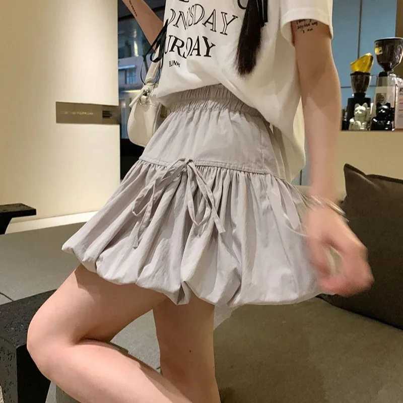 Rimocy Korean Ins Bowknot A Line Skirts Women Summer High Waist Lantern Mini Skirts Women Solid Color Sweet Style Skirt Girls M250424
