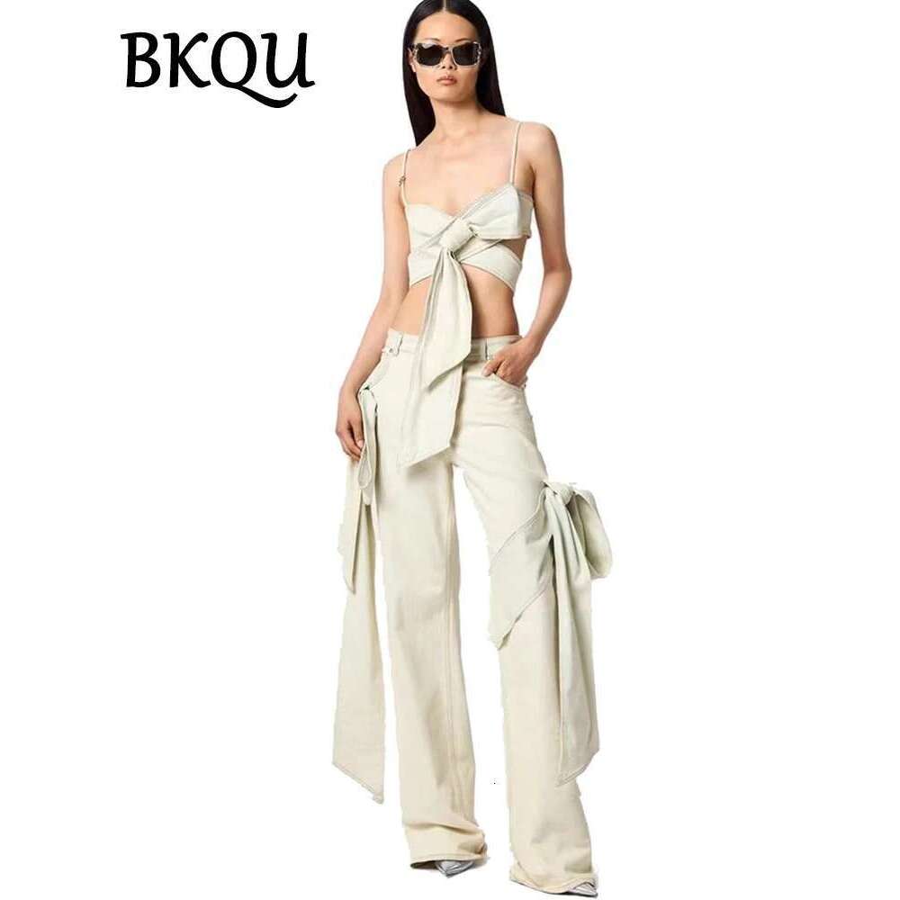 BKQU Denim Pants Set Women 2024 Designer Outfits Bows Spaghetti Straps Corset Tank Tops And Wide Leg Straight Jeans 2 Piece Sets
