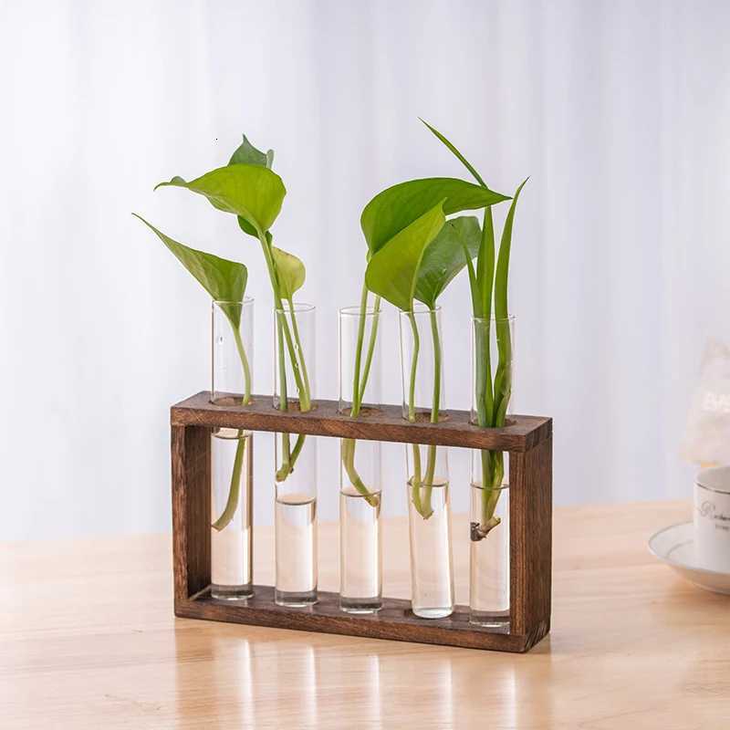 Hydroponic Plants Container with Wood Frame Transparent Glass Test Tube Vase Flower Pot Home Tabletop Bonsai Decorations Crafts C251124