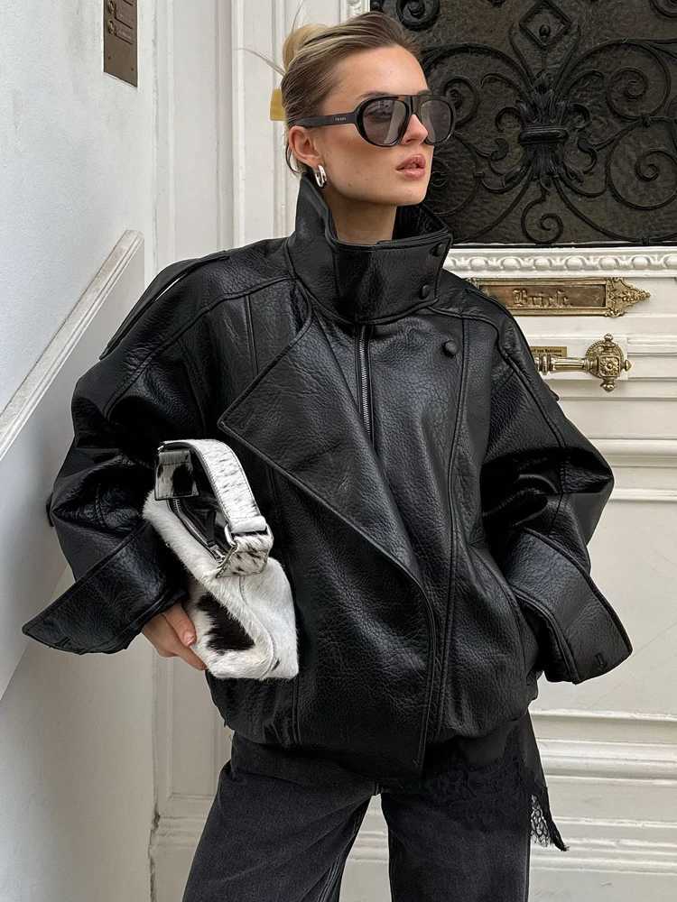 HH Fashion Women Faux Leather Loose Jacket 2025 Stand Collar Long Sleeve High Street Coat Autumn Winter Lady Locomotive Outwear J251124