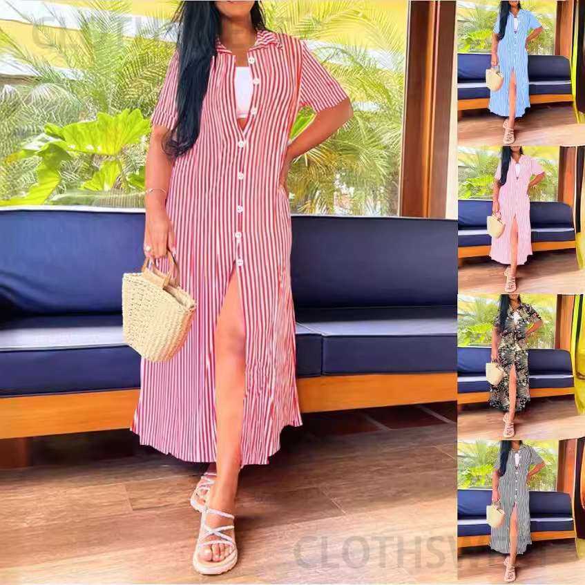 2024 summer short sleeved casual long striped printed dress for women