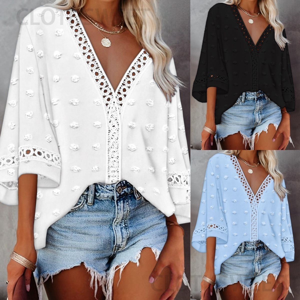 2025 Spring/Summer Style Solid Color V-neck Hollow Lace Shirt Womens Wear