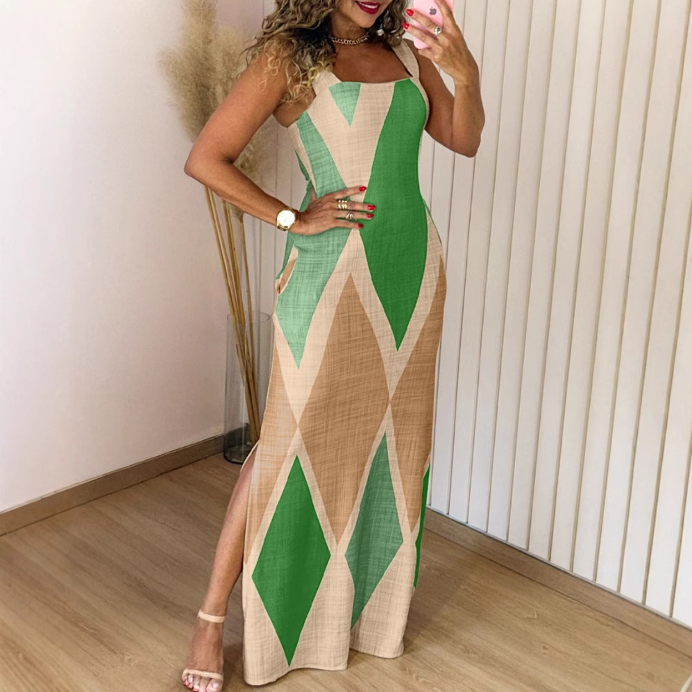 2025 summer new sleeveless contrasting sexy slim fit split commuter dress for women