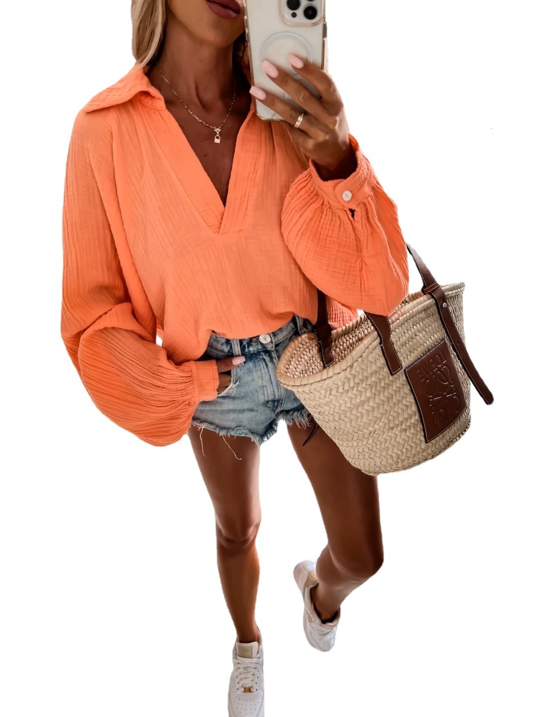 Spring and Autumn 2022 New Long Sleeve Loose V-Neck Casual Womens Shirt Women