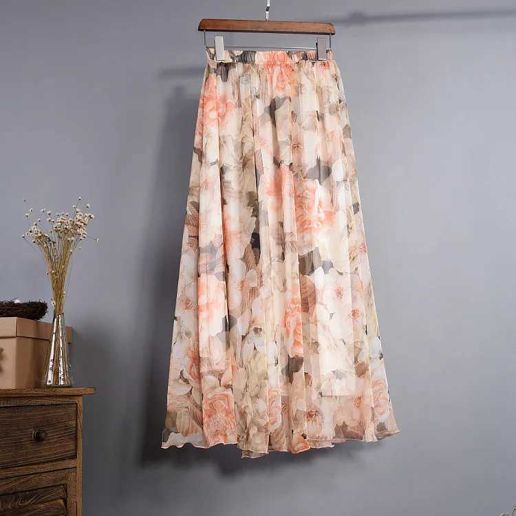 Floral print Bohemian womens retro style elegant chiffon temperature long leather summer beach high waist casual skiing M250424