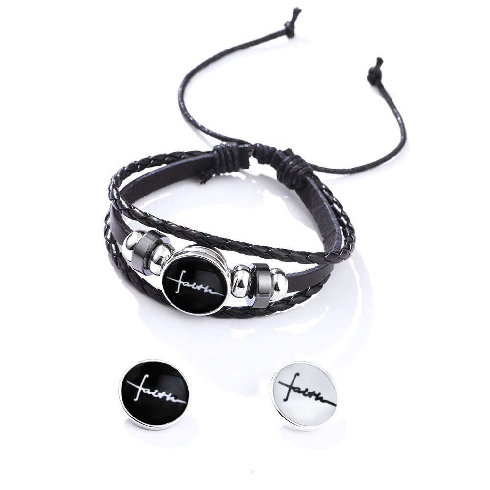 Temu Hot selling Bracelet English Letter Faith Glass Buckle Knitted Leather Bracelet, niche and high-end