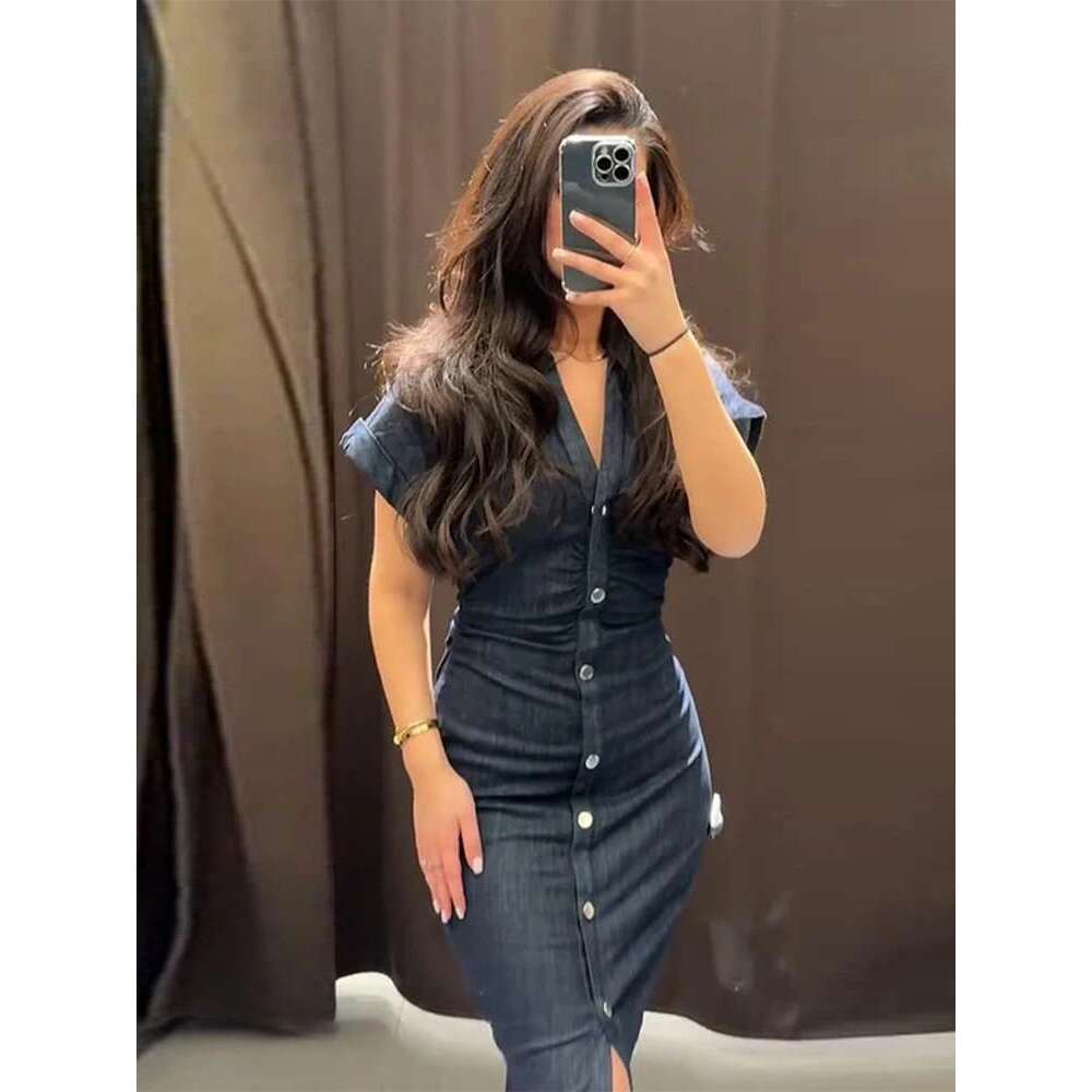 Elegant Pleated Women Denim Dress Turn-Down Collar Single Breasted Slim Female Long Dresses 2025 Summer New Fashion Lady Robe