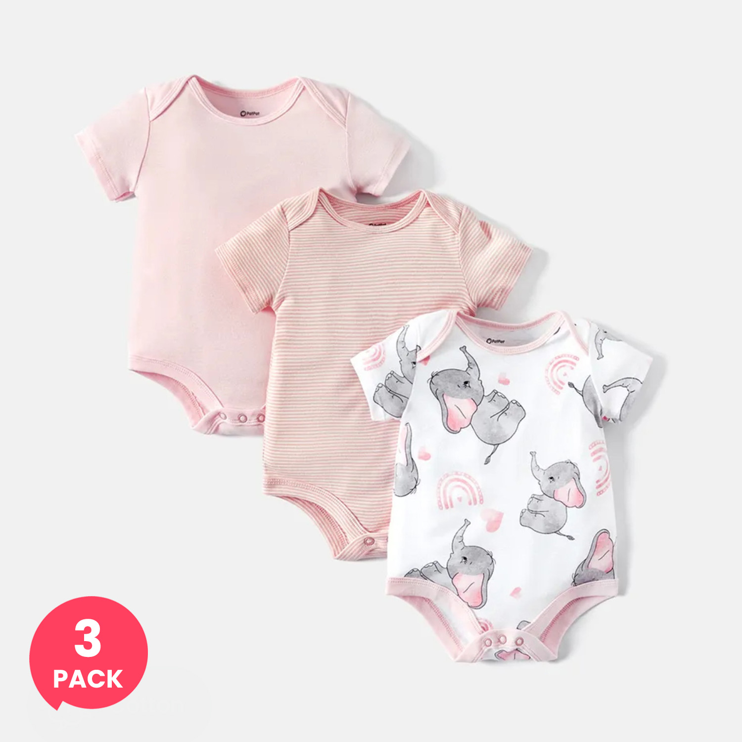 PatPat 3-Pack Baby Girl/Boy Elephant Print/Solid Color Short-sleeve Rompers
