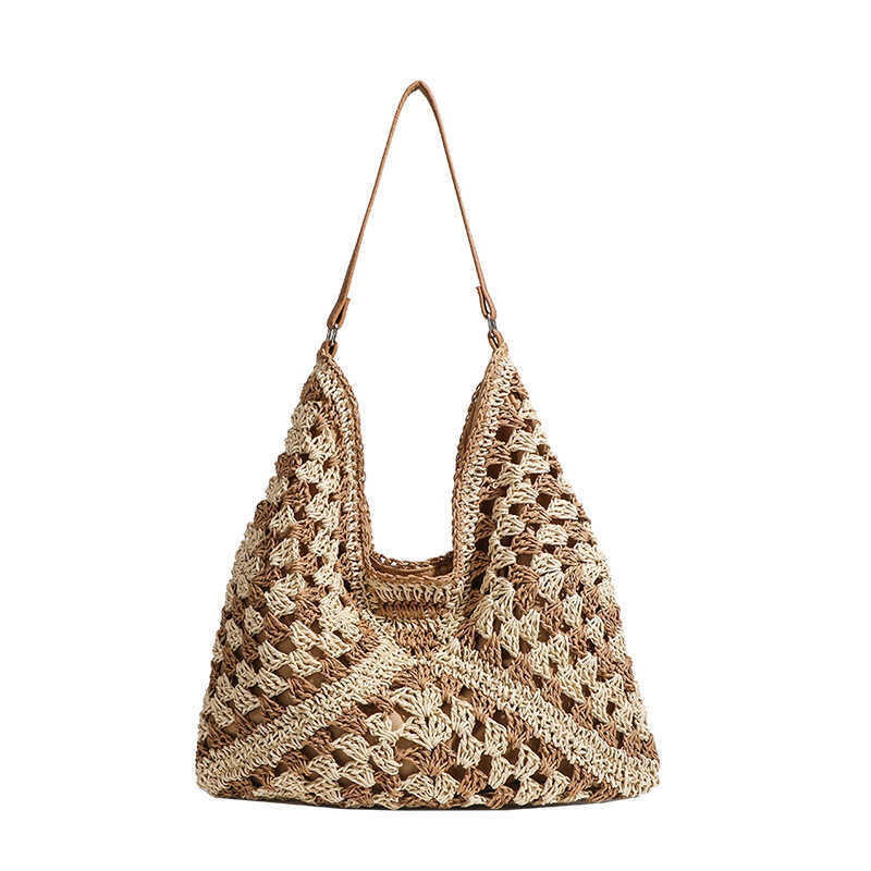 Woven Bag Beach Handmade Grass Woven Hollow Bag Square Flower Triangle Contrasting Color Woven Single Shoulder Tote Handbag