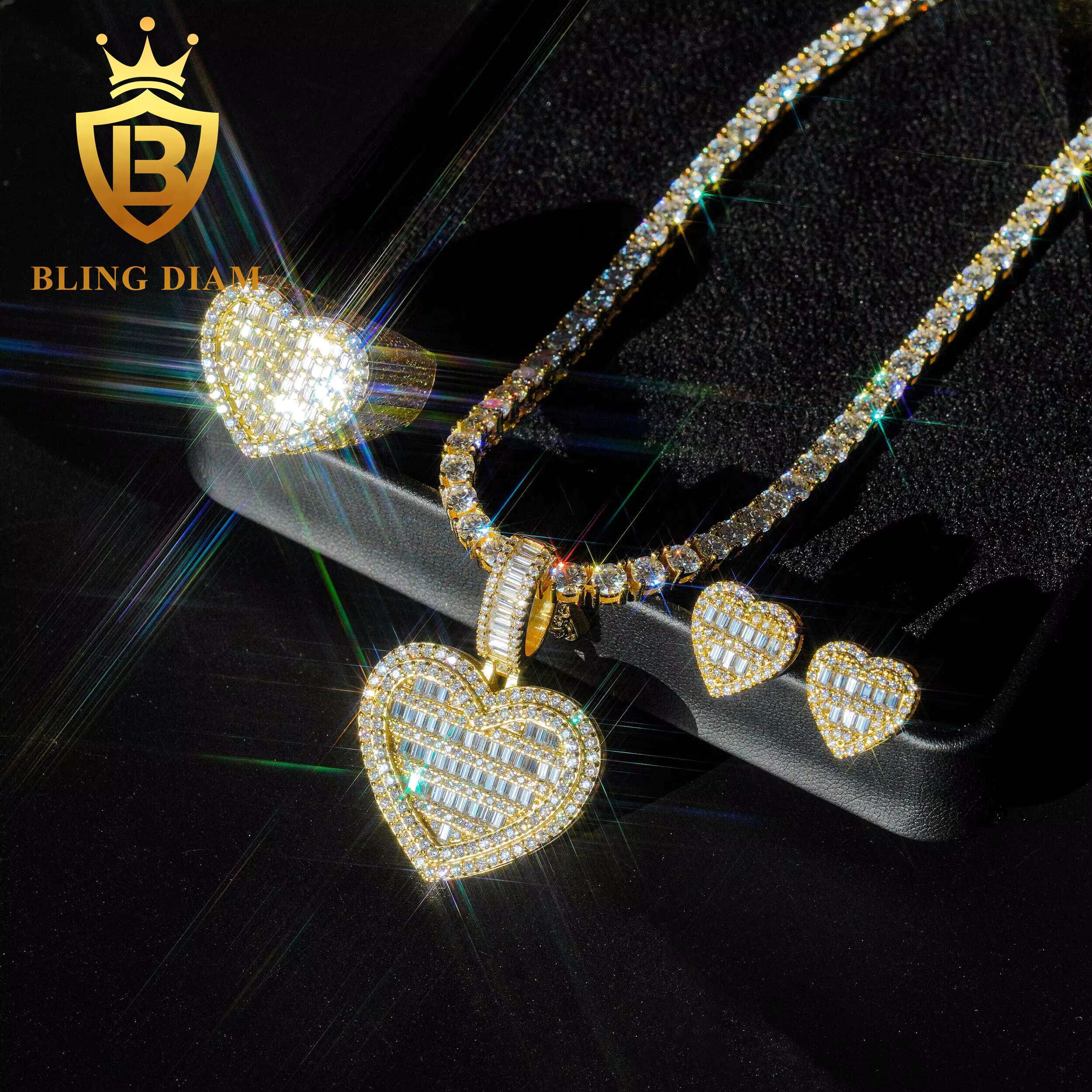 Moissanite Hip Hop Jewelry Luxury Heart Shape Pendant Earrings Cuban Ring Set Moissanite Custom Pendant 925 Silver Iced Out Gift