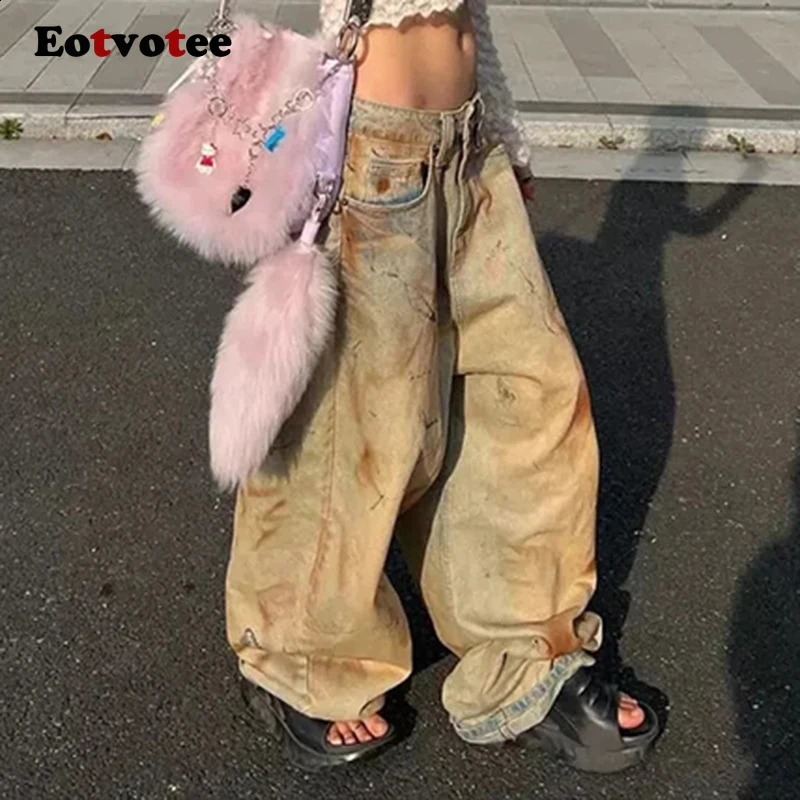EOTVOTEE Womens Wide Leg Jeans American Retro Straight Autumn Fashion High Waist Street Denim Shorts 250417