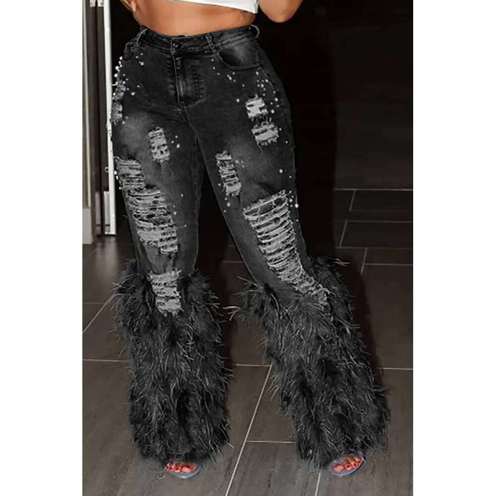 Fashion Women's Jeans Tassel Holes Viage Feather High Waist Y2k Streetwear Casual Denim Pant Spring Skinny Hollow Out Trousers