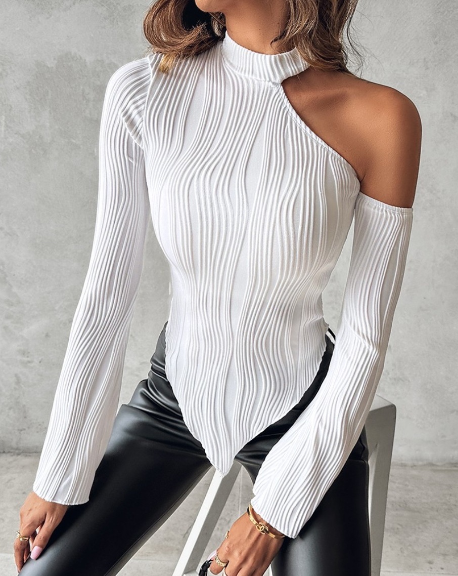 2023 autumn and winter new solid color long sleeved off shoulder round neck slim fit womens T-shirt