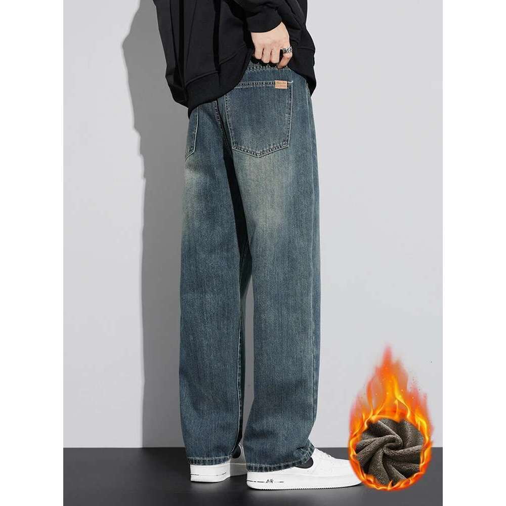 Fleece Baggy Straight Jeans Men Winter New Classic Vintage Blue Wide Leg Denim Pants Fashion Korean Thickened Warm Male Trousers