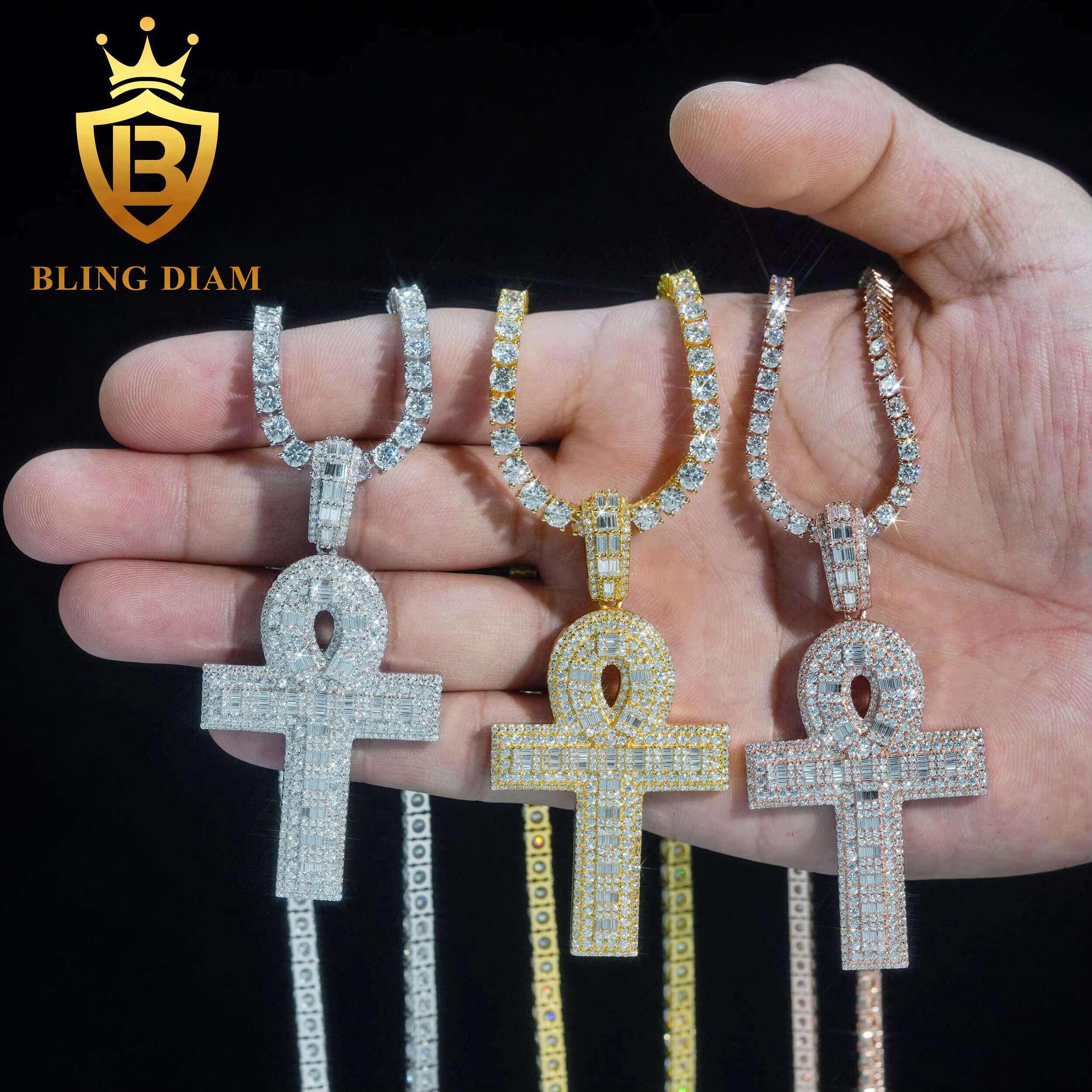 Solid 925 Sterling Silver Hip Hop Moissanite Cross Pendant High Quality Iced Out Hip Hop Pendant for Tennis Chain Necklace